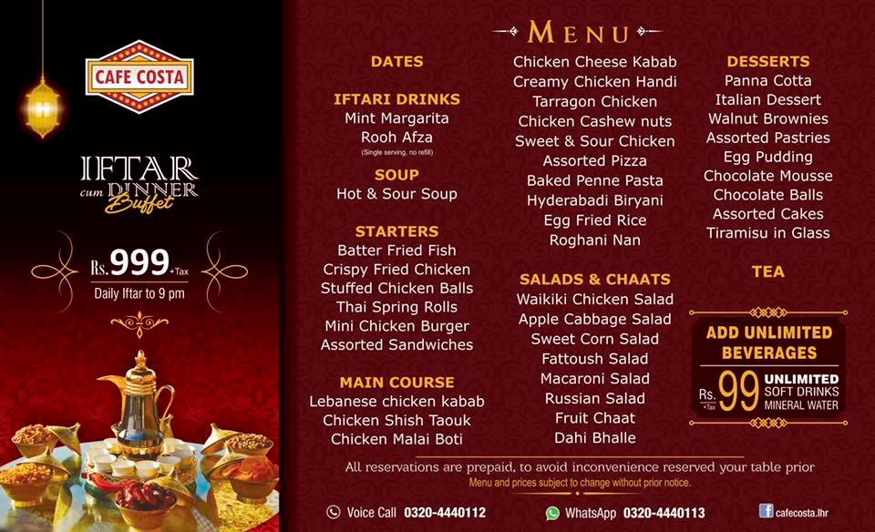 Cafe Costa Lahore Iftar Buffer Dinner & Sehri Deal 2016 